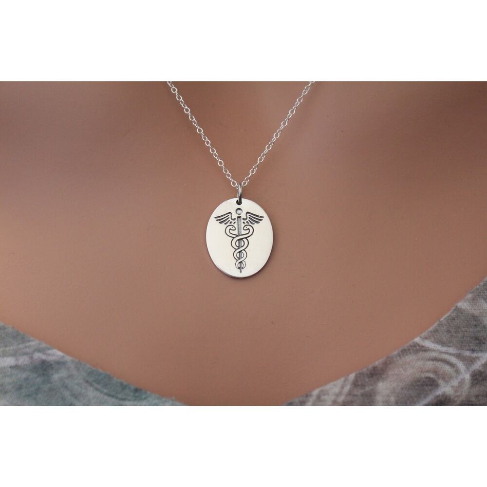 Sterling Silver Medic Staff Charm Etched Oval Disk Necklace